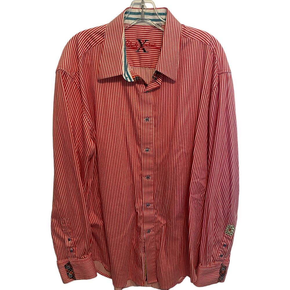 Robert Graham Striped Flip Cuff Shirt Mens Size 2XL Orange & White Cotton Button
